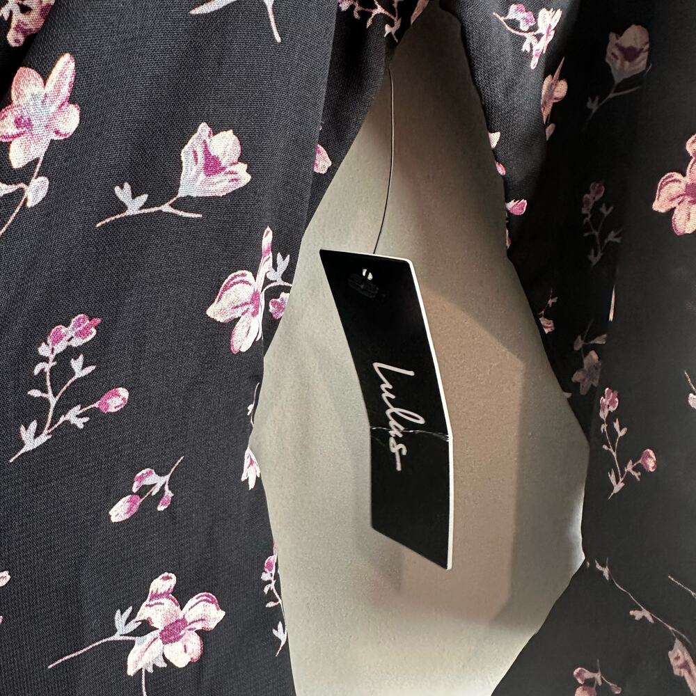 Lulus Love Blossoms Black Floral Print Button-Up Flounce Sleeve Dress S NEW - Picture 5 of 11